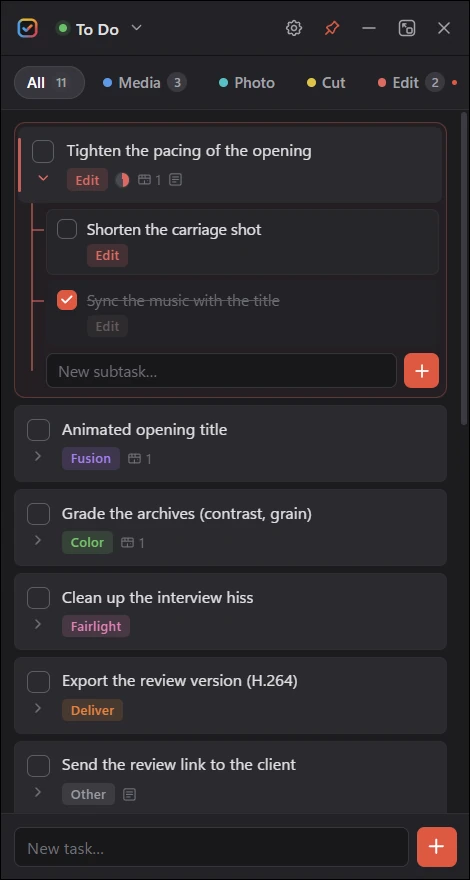 The To Do plugin panel open in DaVinci Resolve: tasks sorted by Resolve page, with subtasks and progress